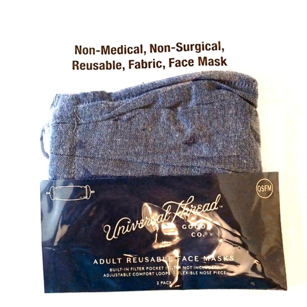 2 Pack Reusable Face Mask, Built-in Filter Pocket, Adjustable. Adult, Blue
